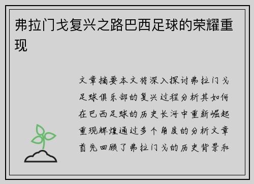 弗拉门戈复兴之路巴西足球的荣耀重现